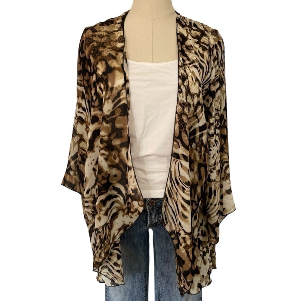 Sunny Leigh Animal Print Kimono Sz L Brown Topper Lightweight Breezy Casual EUC